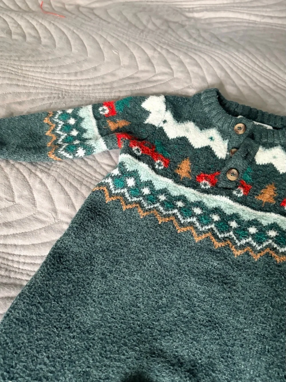 Old Navy Dark Green Knit Holiday Baby One-Piece with Red Truck Accents